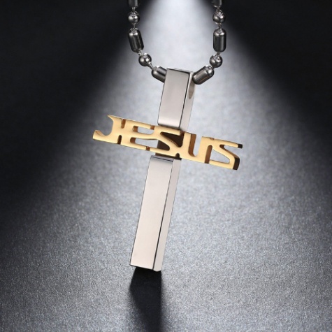 Kereszt medálos nyaklánc Jesus felirattal - arany színben